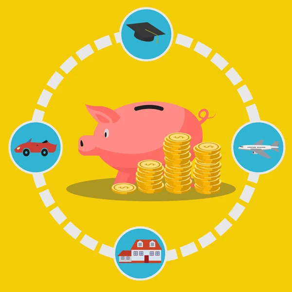 Piggy ahorro de banco para el coche, casa, viajes, concepto de vector universitario — Vector de stock