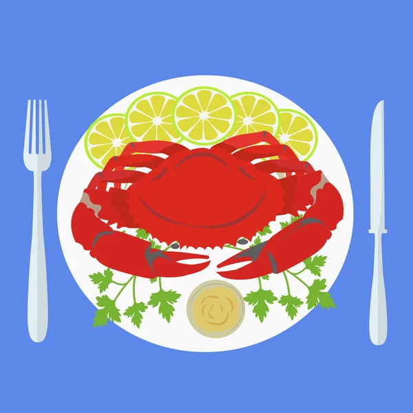 Vector illustration of a crab on plate with garnish — Stock Vector