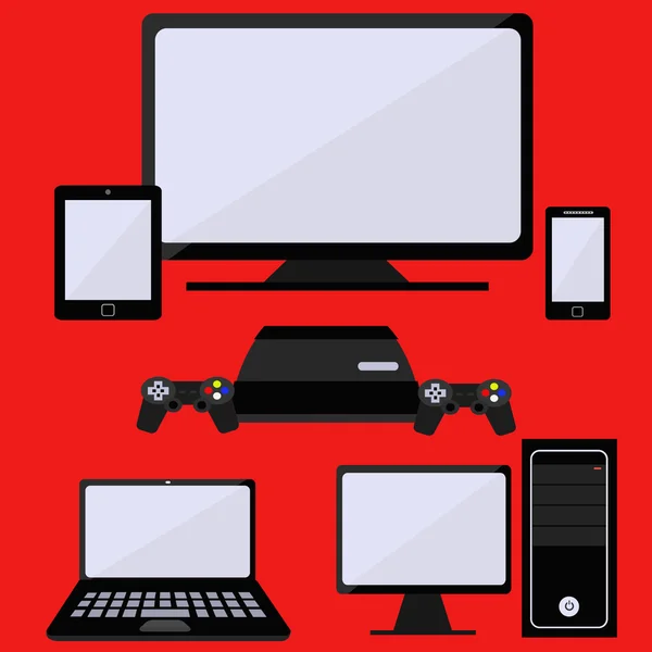 Vector Conjunto de Iconos de Dispositivos Digitales. Ordenador portátil, Tableta, Móvil, PC, Consola de juegos, Televisión — Vector de stock