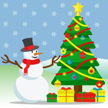 Kardan adam ve vektör çizim düşen kar ile Noel ağacı dışında