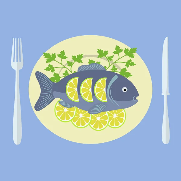 Flat design colored vector illustration of a grilled fish on plate isolated