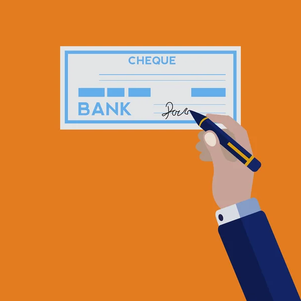 Hand signing bank check vector concept — Stock Vector