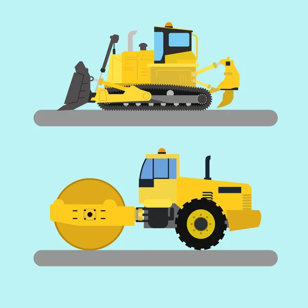 Maquinaria industrial, excavadora e ilustración de vectores de rodillos de carretera — Vector de stock