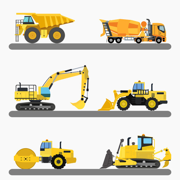 Set of industrial heavy machinery, construction machines vector 