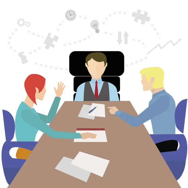 Ilustración vectorial de una reunión de negocios con el jefe y dos empleados — Vector de stock
