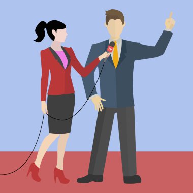 Genç modern kadın gazeteci bir adam ile bir röportaj yapma vektör çizim