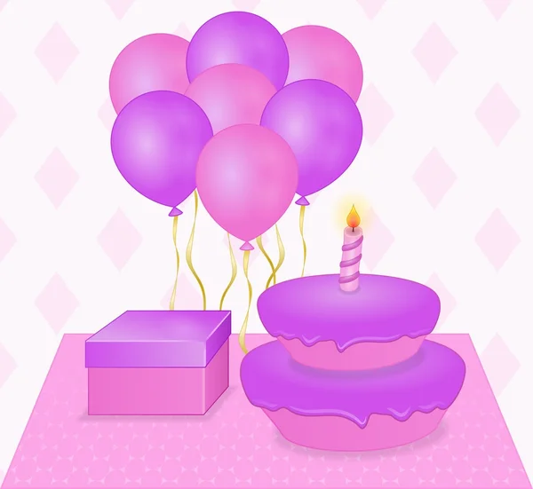 Postal feliz cumpleaños en colores rosa y púrpura — Archivo Imágenes Vectoriales