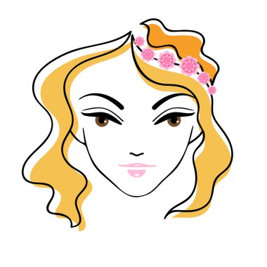 Güzel kız yüz siluet düğün saç stili çiçekli ile