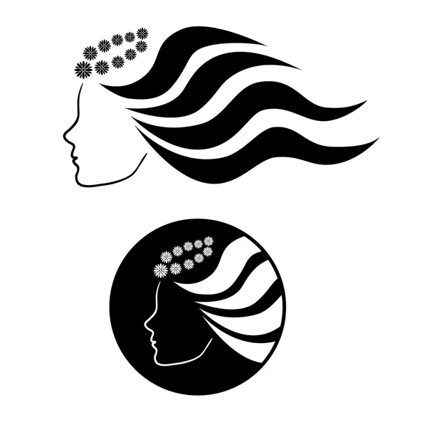 Ein Mädchen im Profil mit langen welligen Haaren in einem Kranz aus Gänseblümchen — Stockvektor