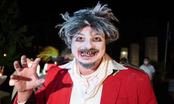 Manavgat Turkey October 17 2020: Seven seas hotel blue: a man in a zombie costume at a Halloween party — Stock Image Manavgat Turkey October 2020 Seven Seas Hotel Blue Man Zombie Stock Picture