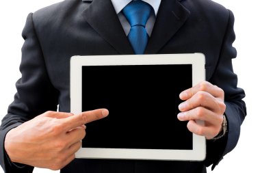 İşadamı tablet tanıtımı için kullanma