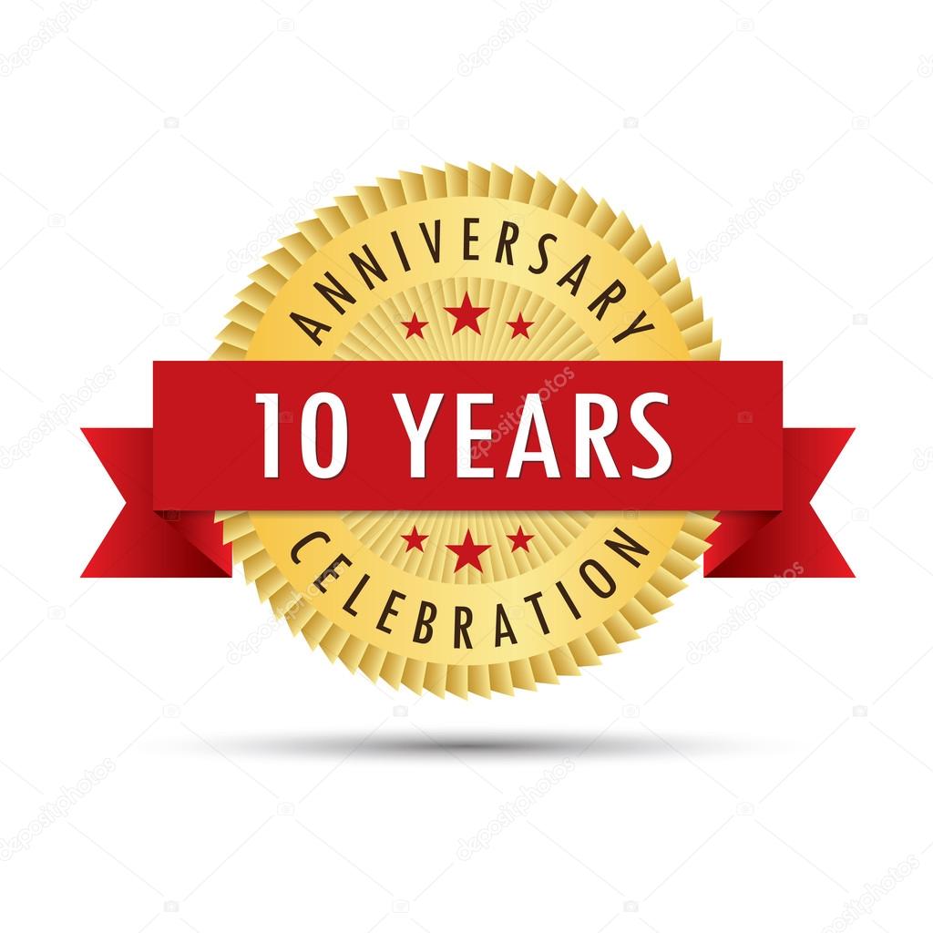 Ten years anniversary, tenth anniversary celebration gold badge icon logo vector graphic design