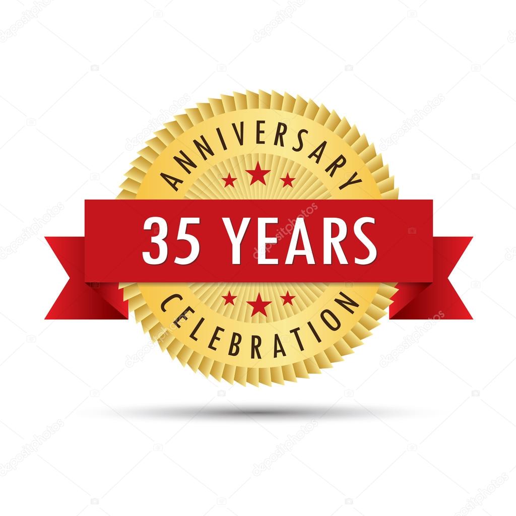 Thirty five years anniversary, thirty fifth anniversary celebration gold badge icon logo vector graphic design