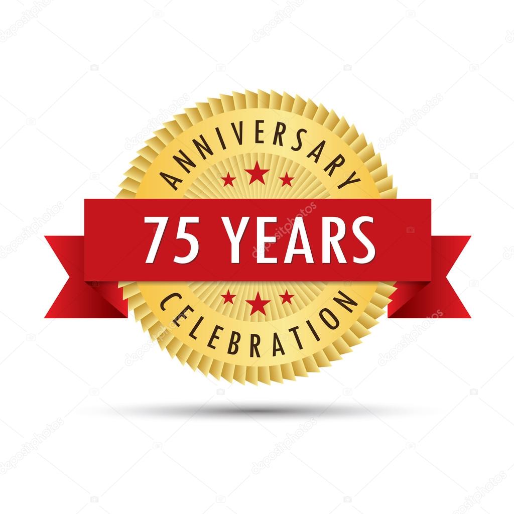 Seventy five years anniversary, seventy fifth anniversary celebration gold badge icon logo vector graphic design