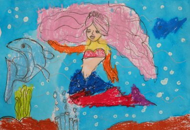 Çocuğun boyama - mermaid ve yunus