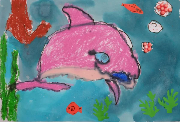 ภาพวาดของเด็ก โลมาในทะเล — ภาพถ่ายสต็อก
