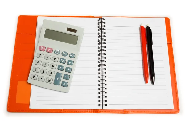 Isolated calculator, notebook and pen — Stock Photo, Image