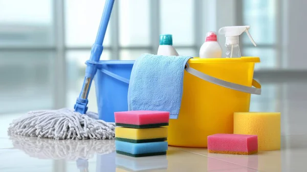 Yansıtıcı zeminde paspas, kova, sünger ve deterjan bulunan temizlik malzemeleri