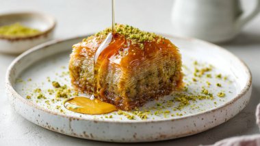 Tatlı baklavalı tatlı, fıstıklı ve kırsal bir tabakta altın ballı.