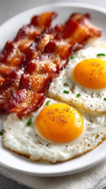 İki güneşli tarafı yukarıda yumurta ve üç dilim kızarmış pastırma tutan pişmiş kahvaltı tabağı manzarası.