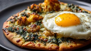 Üstünde ıspanak, karnabahar, peynir ve gri tabakta kızarmış yumurta olan düz ekmekli pizza.