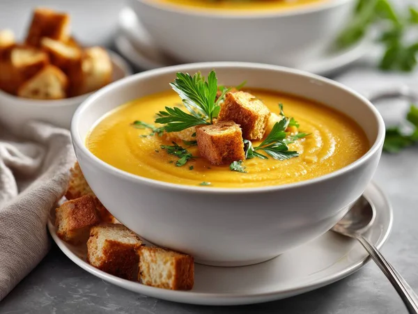 Sıcak balkabağı çorbası. Ekmek ve taze maydanozla servis ediliyor.