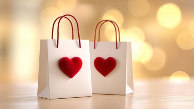 Bokeh ışıklarına karşı tahta bir yüzey üzerinde duran kırmızı kalpli iki beyaz alışveriş torbası.