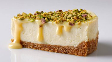 Çıtır kıtır peynirli kek dilimi, kremalı dolgu, beyaz çikolata sosu ve doğranmış fıstık.