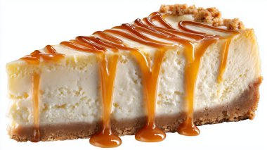 Peynirli kek dilimi karamel sosu ve kraker kabuğu ile damlıyor.