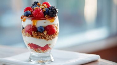 Taze böğürtlen, granola ve bal aromalı yoğurt parfe.