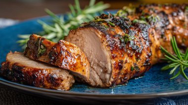 Lezzetli kızarmış domuz filetosu, otlar ve baharatla, gurme yemeği olarak servis edilmeye hazır.