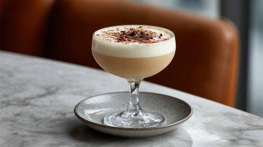 Coupe bardağında servis edilen kremalı kahve kokteyli ve mermer bir masada çikolata parçacıkları.