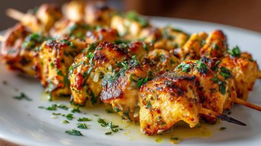 Izgara tavuk şişleri beyaz tabakta salamura edilmiş tavuk parçaları sunar.