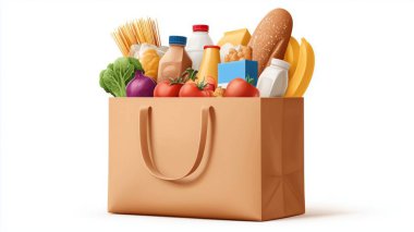 Taze bakkaliye ve beyaz arka planda yiyecek maddeleriyle dolu kahverengi kağıt torba.