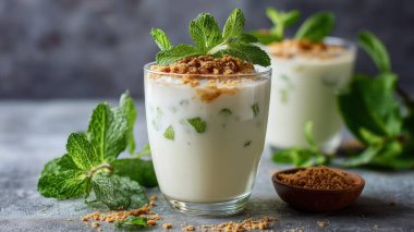 Nane ve tahıllı sağlıklı yoğurt tatlısı, ferahlatıcı ve hafif yiyecekleri temsil eder.