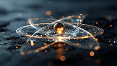 Işık yollu bir atomun soyut tasviri. Parlak merkezi bir parçacığın etrafında dönüyor.