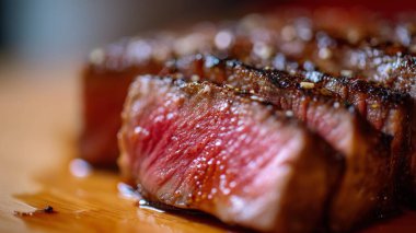 Dilimlenmiş az pişmiş biftek, meyve suyuyla ahşap bir kesme tahtasının üzerinde dinleniyor.