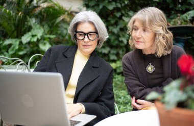 İki olgun kadın dışarıda bir kafede dizüstü bilgisayarda içeriği tartışıyor.