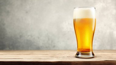Alkolsüz bira köpükle tazeleniyor ve sade ahşap yüzeyinde yoğunlaşma ve kopyalama alanı ile birlikte.