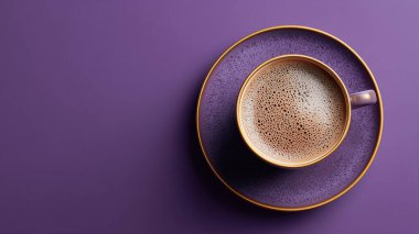 Köpüklü kahve içeceği, uyumlu bir çay tabağında, desenli mor bir fincanda oturuyor.