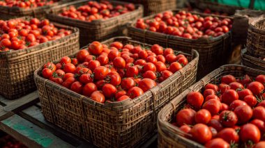 Olgun domatesler hasat ediliyor, sepetlere dolduruluyor ve yerel bir tarım pazarında satılmaya hazır hale getiriliyor.