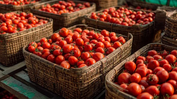 Olgun domatesler hasat ediliyor, sepetlere dolduruluyor ve yerel bir tarım pazarında satılmaya hazır hale getiriliyor.