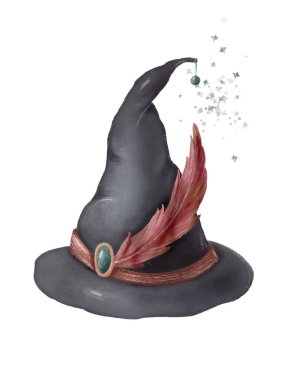 Magic witch hat with feather hand draw illustration