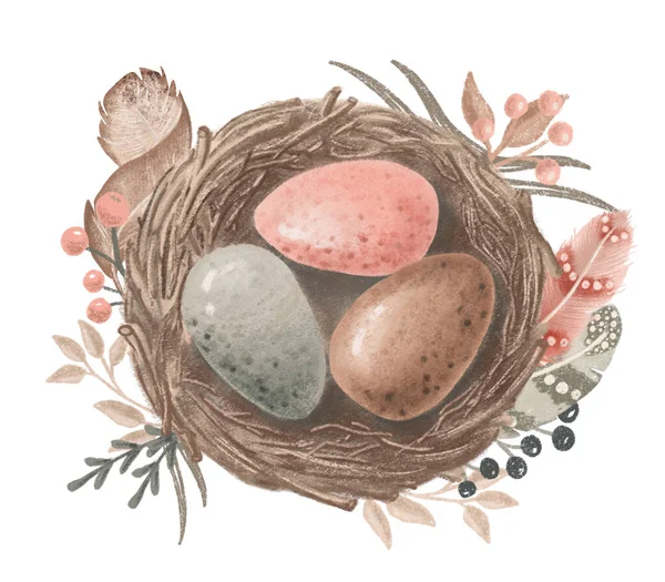 Handritat fågelbo med rosa, bruna och grå ägg, påsk design — Stockfoto