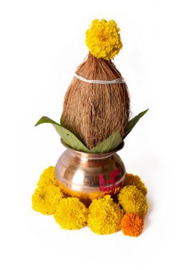 Kalash pujan Hint festivali akshaya tritiya dekoratif kalaşla hindistan cevizi ve çiçek desenli yaprak