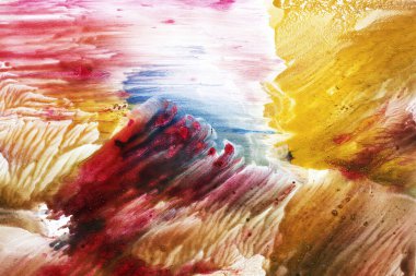 Mürekkep, boya, soyut. Yakın plan mavi, kırmızı, sarı soyut resim arkaplanı. Yüksek desenli yağlı boya..