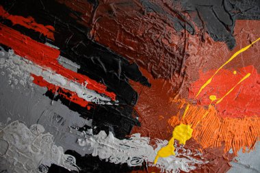 Kırmızı ve siyah el, fırça darbelerini yağlı boyayla çizmiş. Modern sanat. Çağdaş sanat. Soyut sanat geçmişi. Çadır bezi deseni üzerindeki yağlı boya, soyut akrilik resim