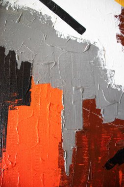 Kırmızı ve siyah el, fırça darbelerini yağlı boyayla çizmiş. Modern sanat. Çağdaş sanat. Soyut sanat geçmişi. Çadır bezi deseni üzerindeki yağlı boya, soyut akrilik resim