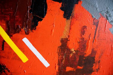 Kırmızı ve siyah el, fırça darbelerini yağlı boyayla çizmiş. Modern sanat. Çağdaş sanat. Soyut sanat geçmişi. Çadır bezi deseni üzerindeki yağlı boya, soyut akrilik resim