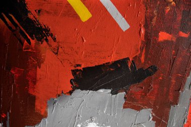 Kırmızı ve siyah el, fırça darbelerini yağlı boyayla çizmiş. Modern sanat. Çağdaş sanat. Soyut sanat geçmişi. Çadır bezi deseni üzerindeki yağlı boya, soyut akrilik resim